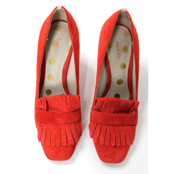 Boden Suede Kiltie Fringe Loafer Pumps Red Orange Block Heel Preppy Women's 39 - Picture 4 of 8